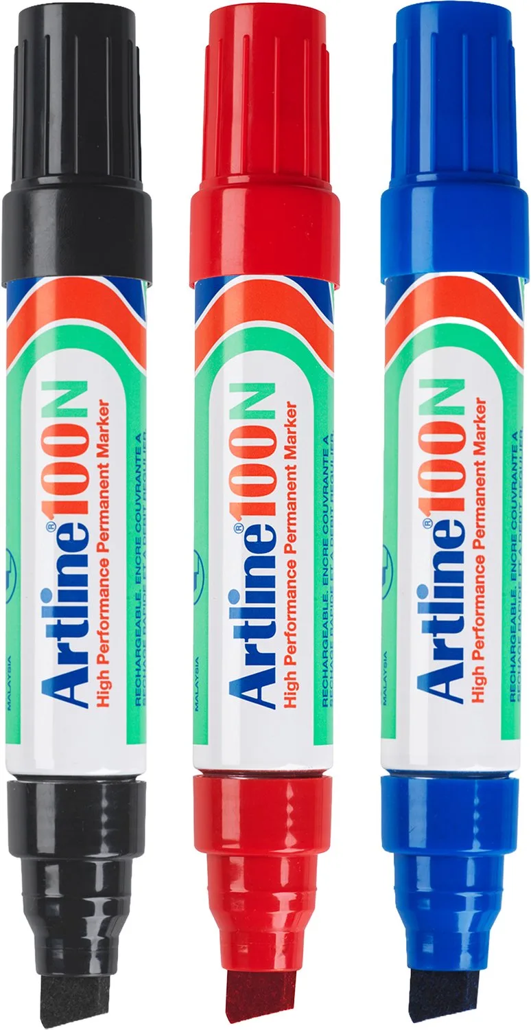 Artline 100 NEAT Permanent Markers - Set van 3 markers - Met een beitelpunt van 7,5 - 12mm - Blauw & Rood van Artline in Zwart – productfoto