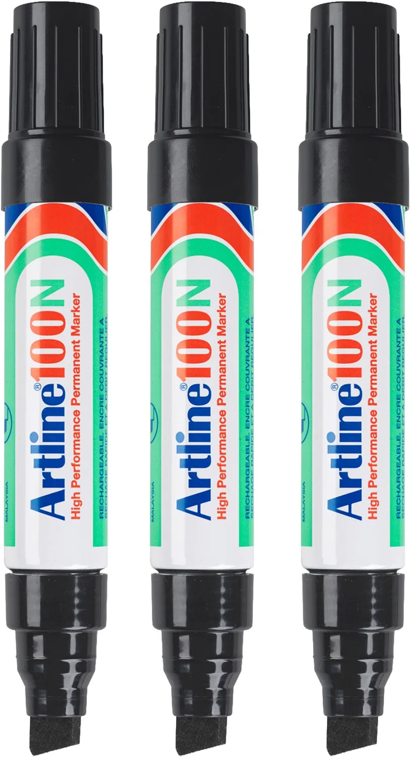 Artline 100 NEAT Permanent Markers - Set van 3 markers - Met een beitelpunt van 7,5 - 12mm van Artline in Zwart – productfoto