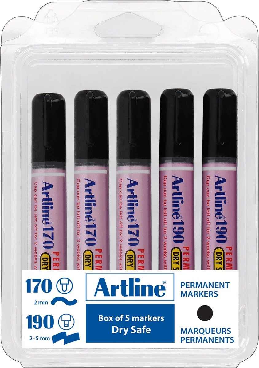 Artline 170 & 190 Drysafe Permanent Marker Set - 5 Stuks - Kogelpunt 2,0mm & Schuine Punt 5,0mm - Watervast fra Artline i Sort – produktbillede