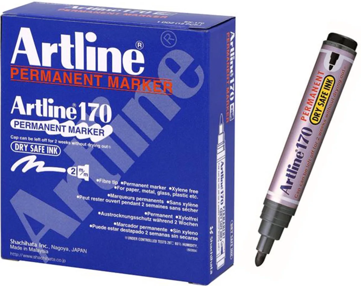 Artline 170 Drysafe Permanent Marker - Set 12 Stuks - Kogelpunt 2,0mm - Watervast & Wrijfvast fra Artline i Sort – produktbillede