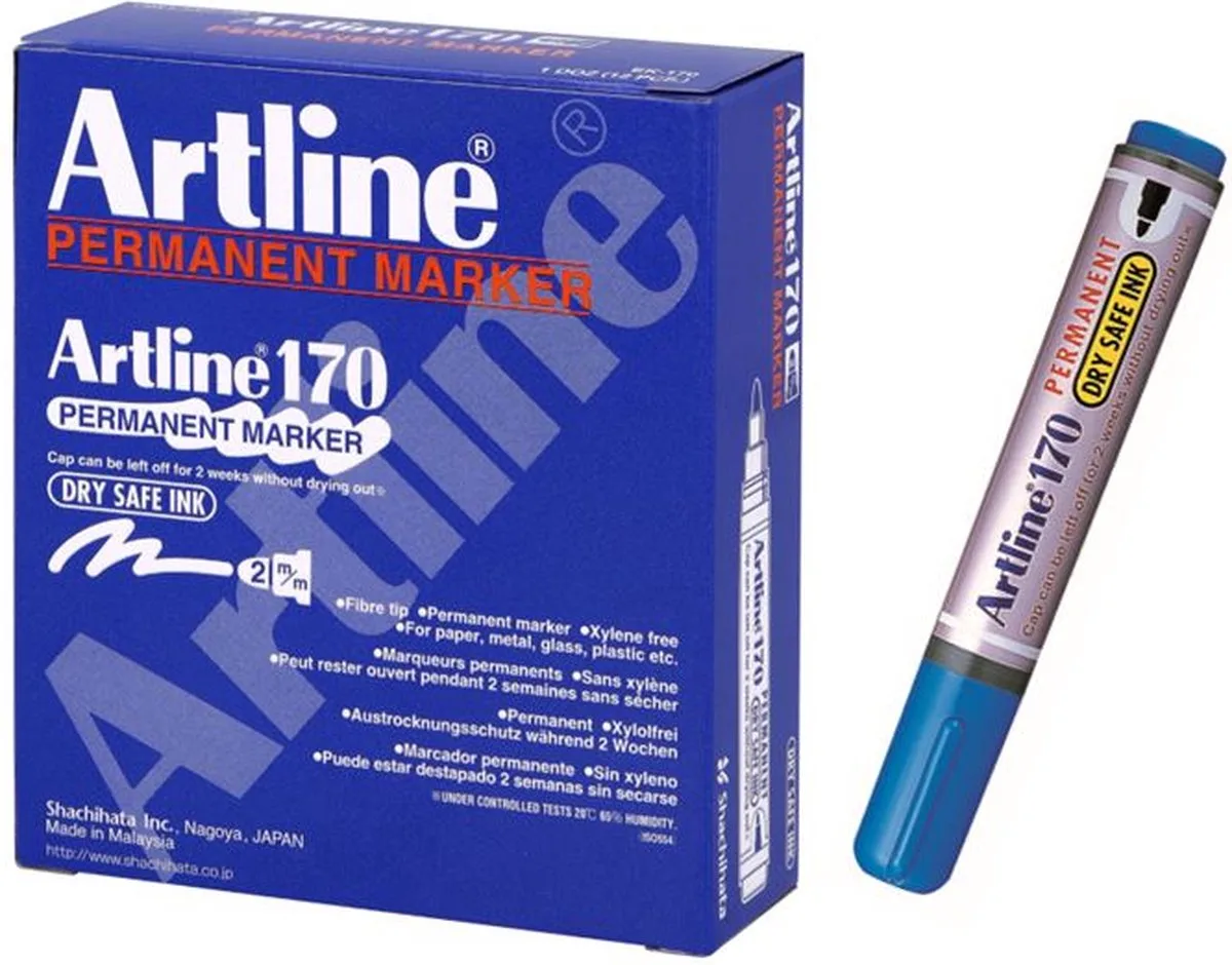 Artline 170 Drysafe Permanent Marker - Set 12 Stuks - Kogelpunt 2,0mm - Watervast & Wrijfvast de Artline en Bleu – photo produit