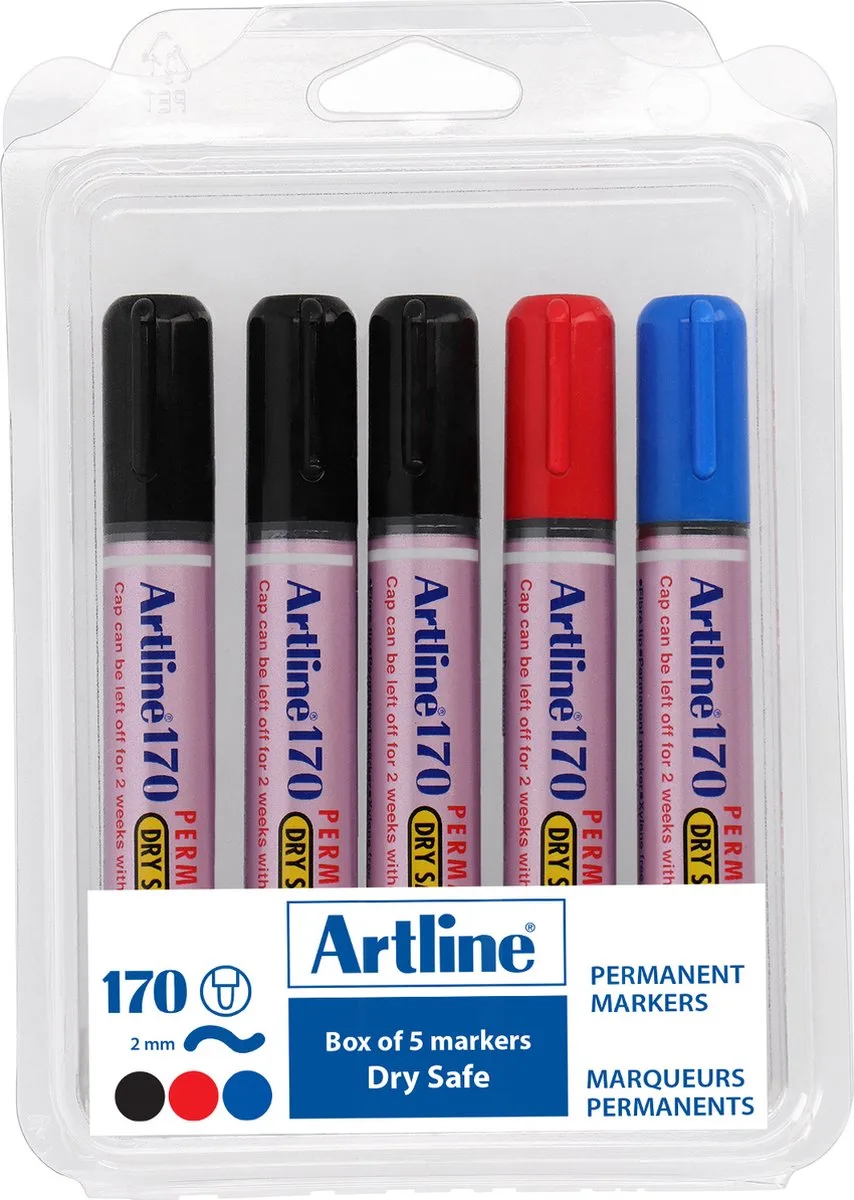 Artline 170 Drysafe Permanent Marker - Set 5 Stuks - Kogelpunt 2,0mm - Watervast & Wrijfvast - Blauw & Rood fra Artline i Sort – produktbillede