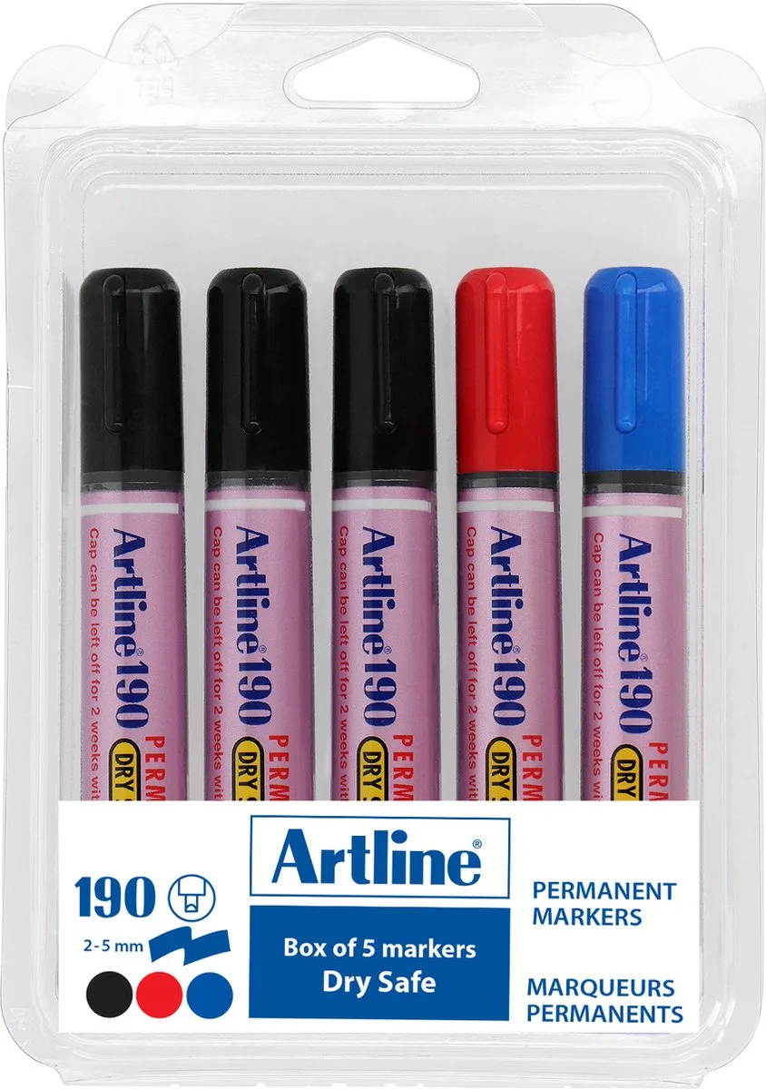 Artline 190 Drysafe Permanent Marker - Set 5 Stuks - Schuine Punt 2,0-5,0mm - Watervast & Wrijfvast - Zwart, Blauw & Rood von Artline in Assortiment – Produktfoto
