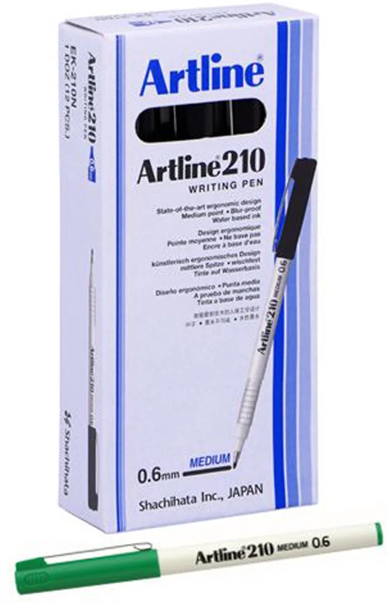 Artline 210 Fineliner - Set 12 Stuks - Medium Punt 0,6mm - Wrijfvast fra Artline i Grøn – produktbillede