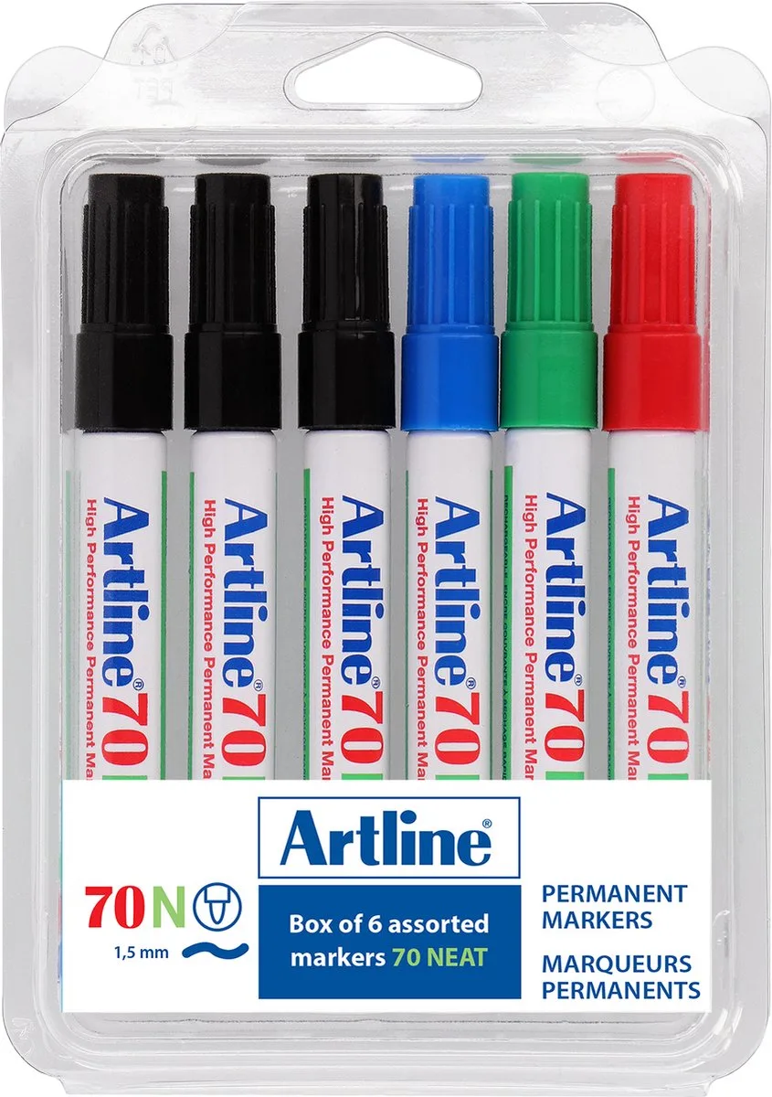 Artline 70 Permanent Marker - Set 6 Stuks - Kogelpunt 1,5mm - Watervast & Wrijfvast - Hervulbaar - Kleuren de Artline en Noir – photo produit