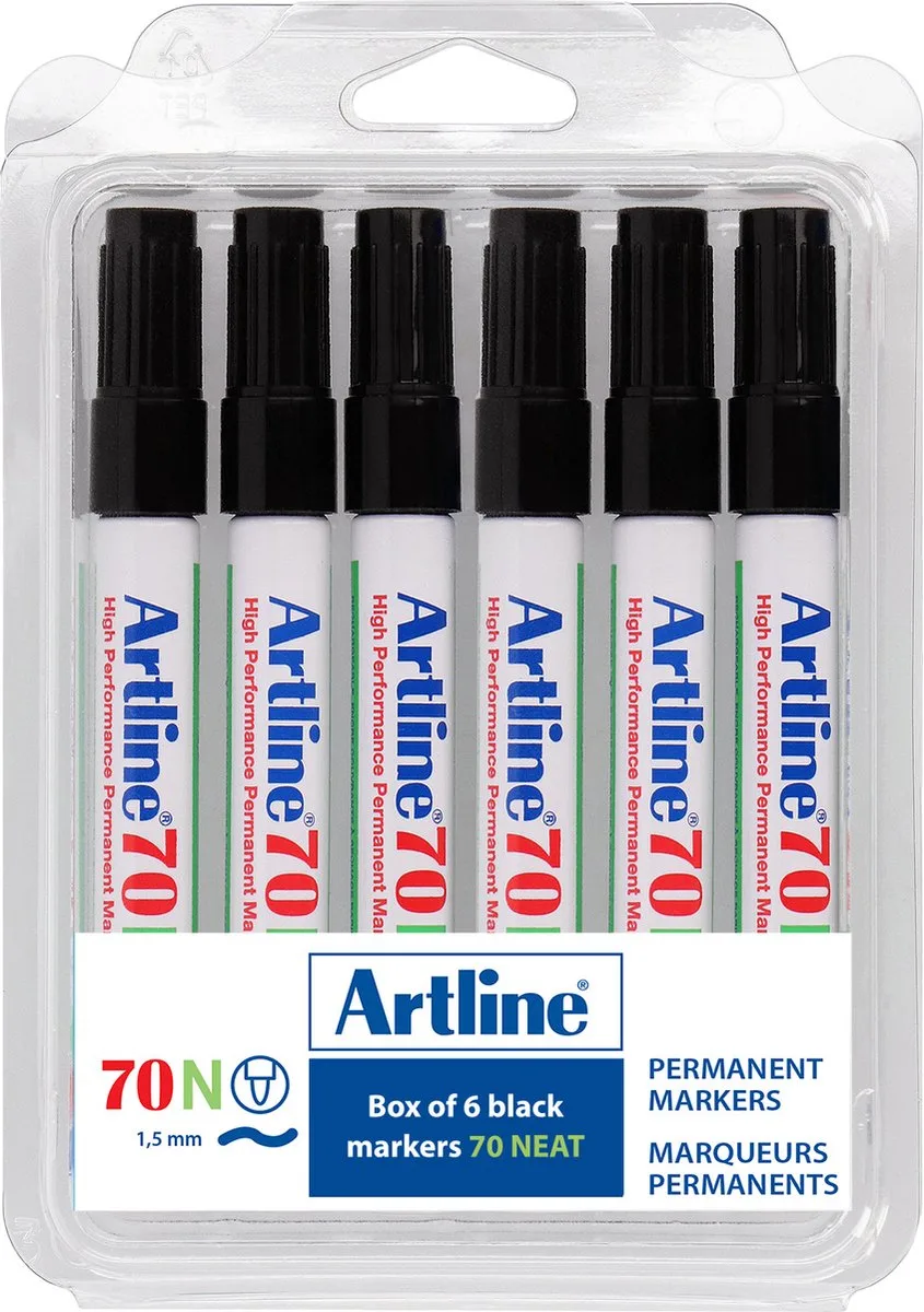 Artline 70 Permanent Marker - Set 6 Stuks - Kogelpunt 1,5mm - Watervast & Wrijfvast - Hervulbaar de Artline en Noir – photo produit