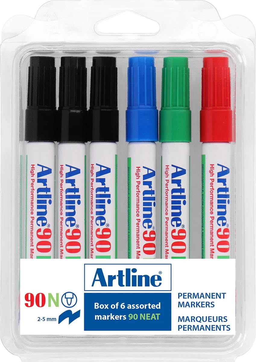 ARTLINE 90 NEAT Permanent markers Kit - 6 stuks - Verschillende kleuren de Artline en Noir – photo produit