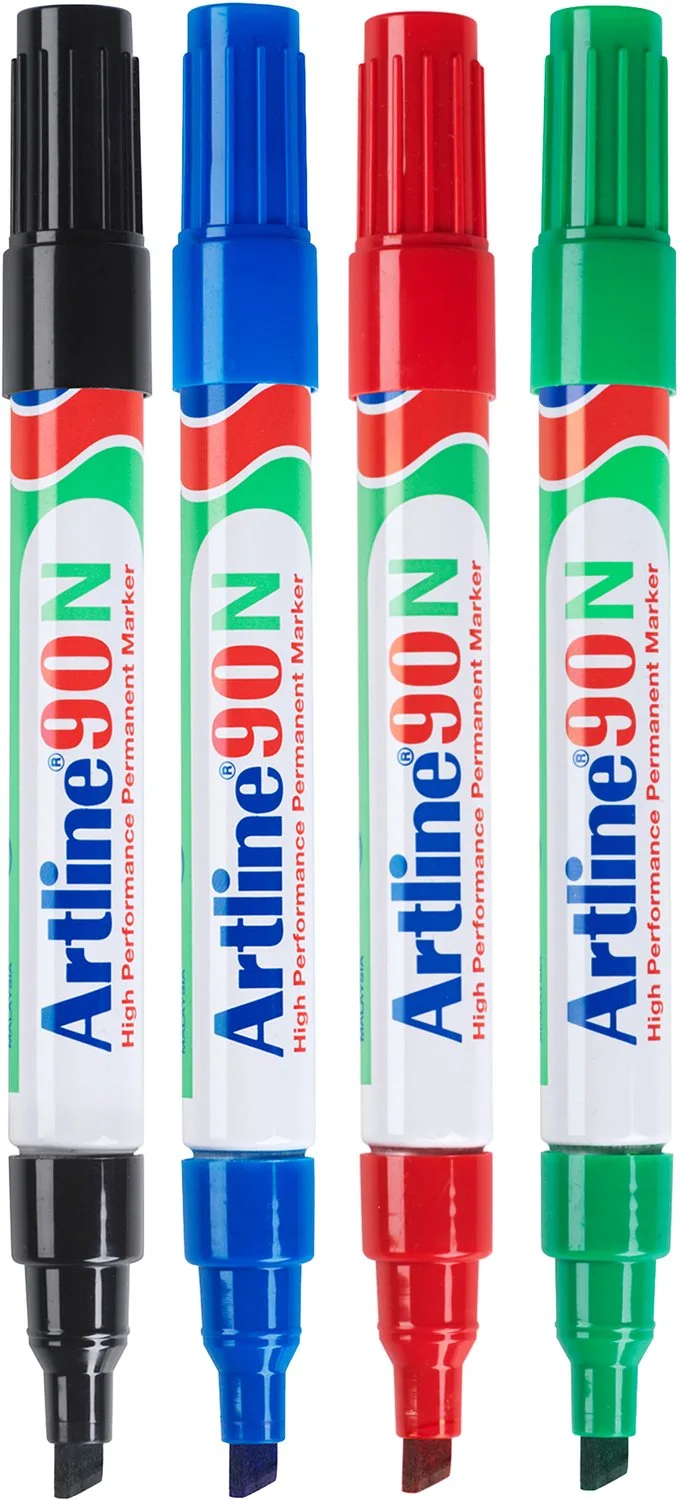 Artline 90 NEAT Permanent Markers - Set van 4 markers - Met een beitelpunt van 2,0 - 5,0 mm - Rood, Blauw & Groen de Artline en Noir – photo produit
