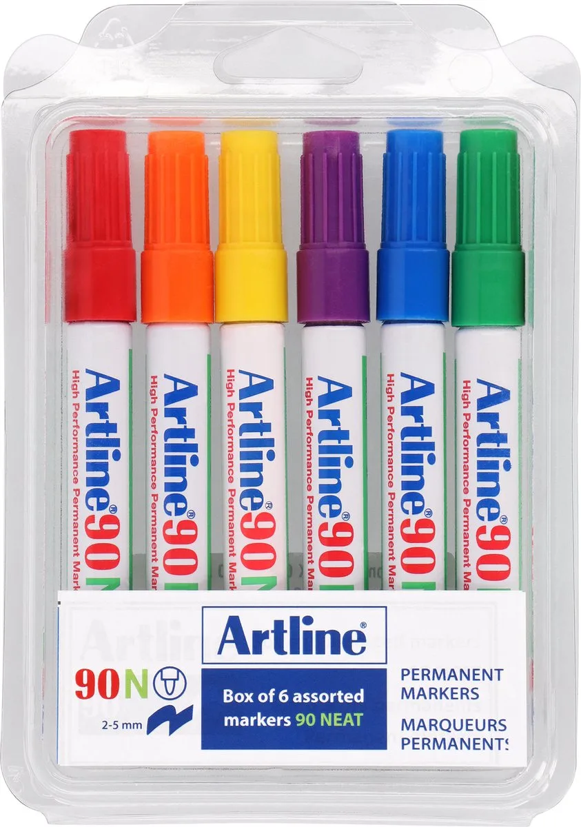 Artline 90 Permanent Marker - Set 6 Stuks - Schuine Punt 2,0-5,0mm - Watervast & Wrijfvast - Hervulbaar - Kleuren de Artline en Rouge – photo produit