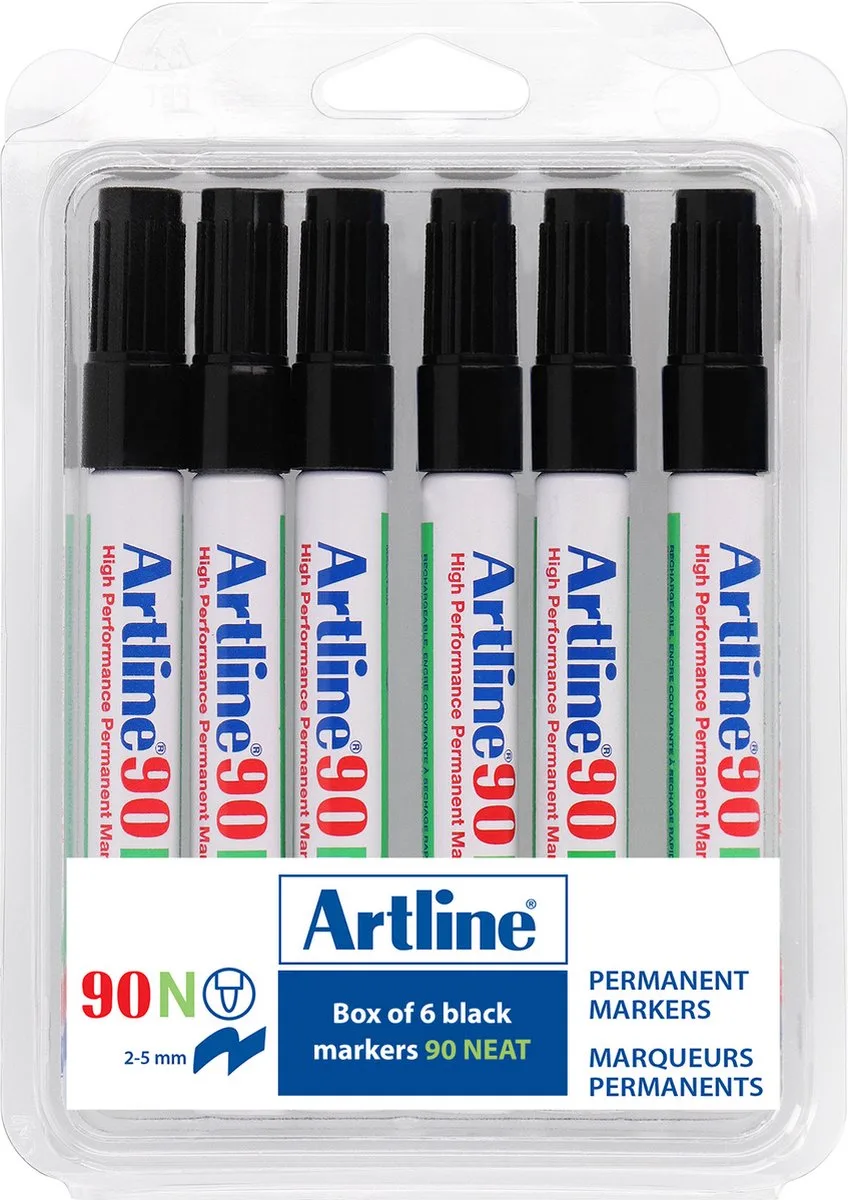 Artline 90 Permanent Marker - Set 6 Stuks - Schuine Punt 2,0-5,0mm - Watervast & Wrijfvast - Hervulbaar de Artline en Noir – photo produit