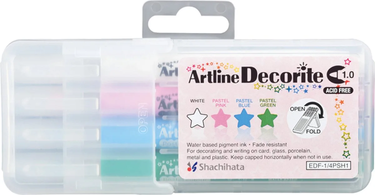 Decorite Markers 1.0mm Set van 4 Pastel Kleuren verpakt in een Zipperbag van Artline in Transparant – productfoto
