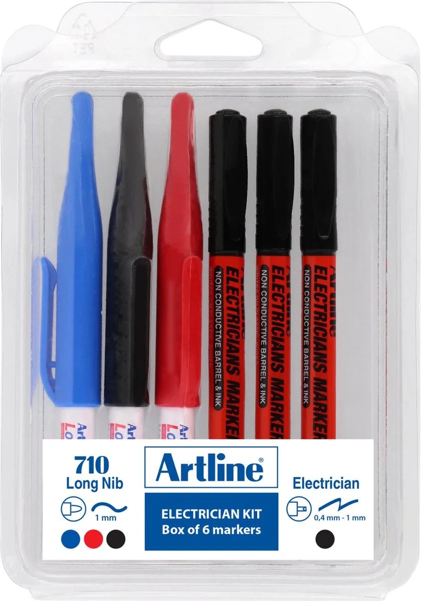Electrician Markers Kit - 6 stuks - Blauw, Rood en Zwart - 0,4-1mm Lijndikte de Artline en Assortiment – photo produit