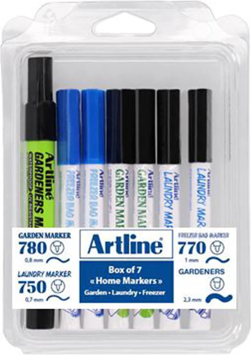 Home Markers - Set 7 Stuks - Permanent Markers Zwart & Blauw - Textiel, Diepvries & Tuin - Watervast de Artline en Assortiment – photo produit