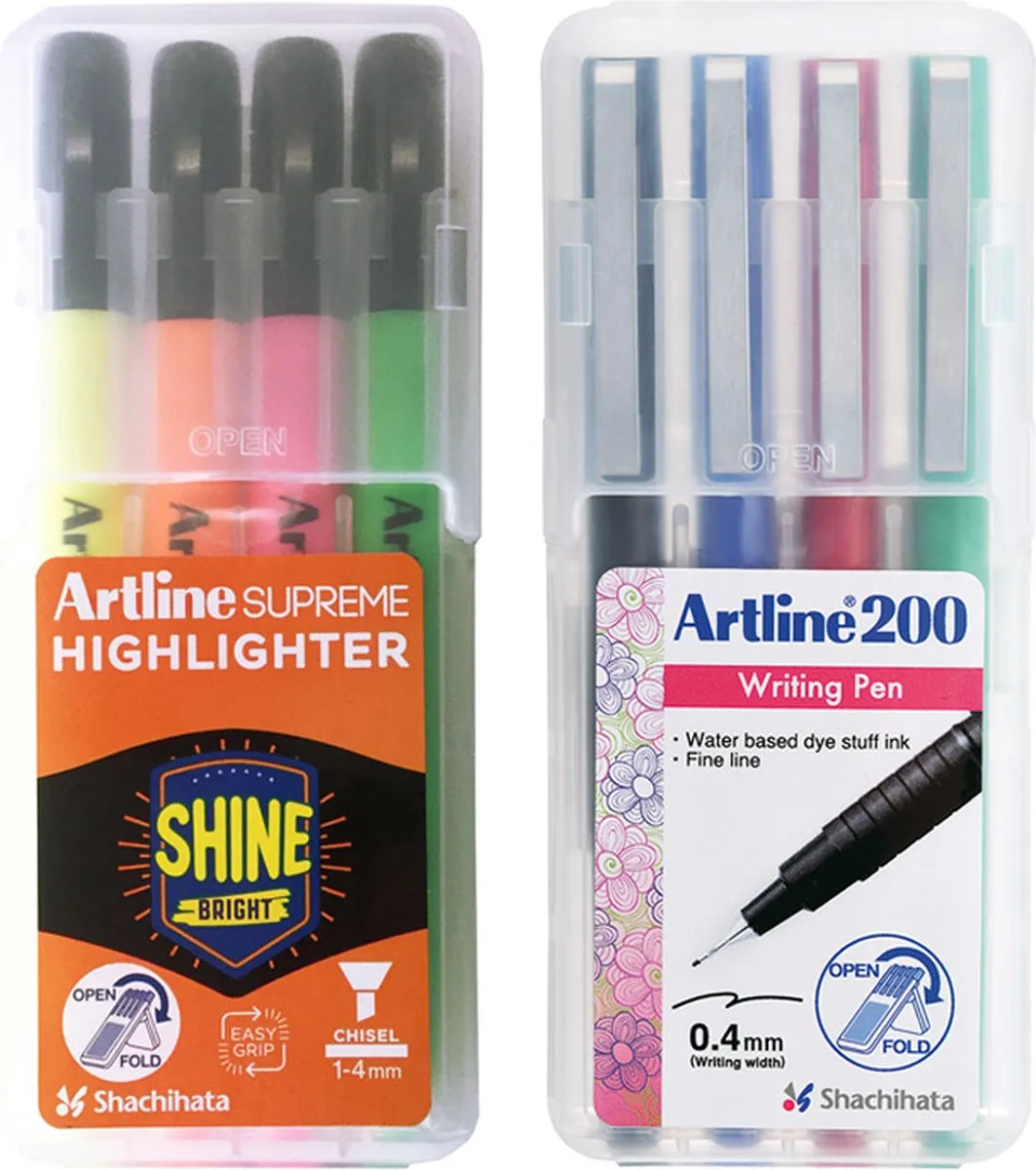 Office Kit -1 Set van 4 Fluostiften + 1 Set van 4 Fineliners - Verschillende kleuren de Artline en Assortiment – photo produit