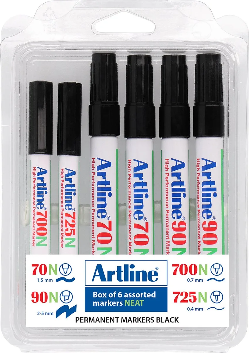 Permanent Marker Set - 6 Stuks - Verschillende Lijndiktes - Watervast & Wrijfvast - Hervulbaar - Zwart de Artline en Assortiment – photo produit