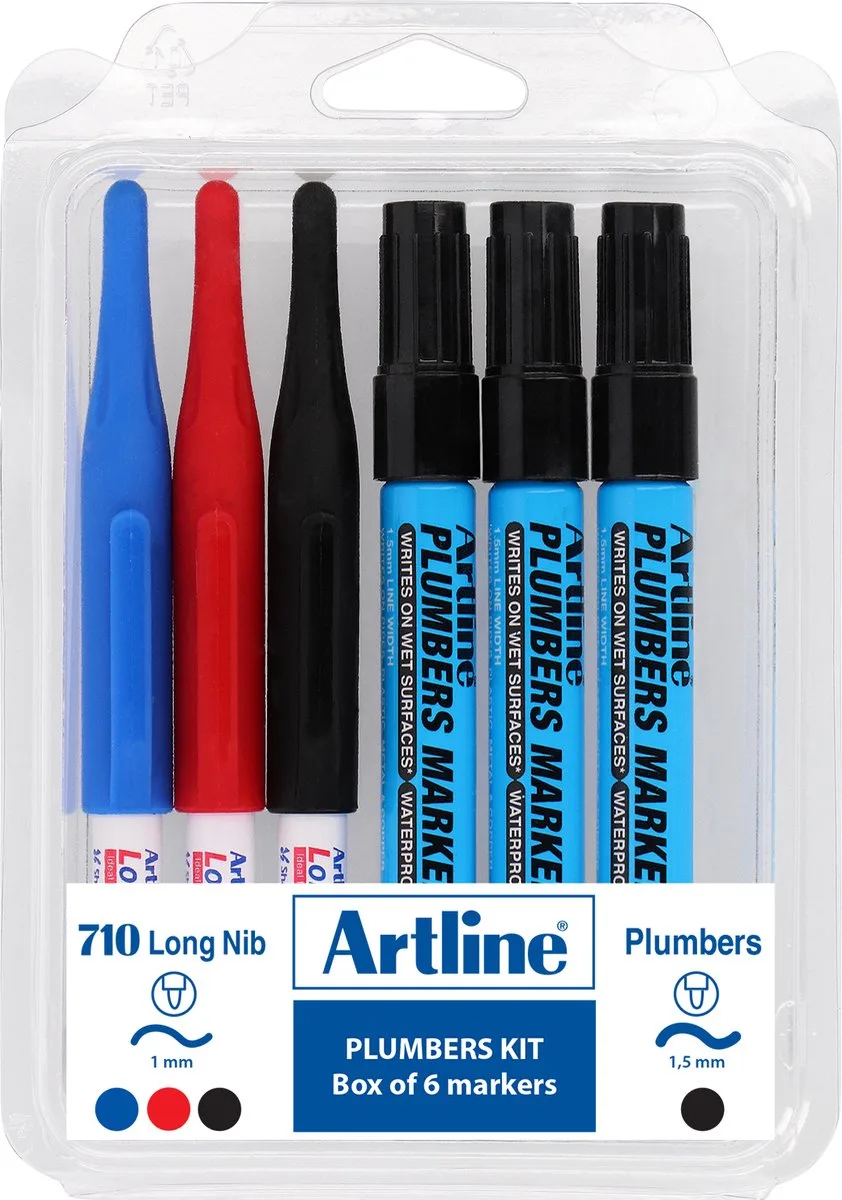 Plumbers Permanent Markers - Set 6 Stuks - Kogelpunt 1,5mm - Schrijft op Natte Oppervlakken - Zwart, Blauw & Rood de Artline en Assortiment – photo produit