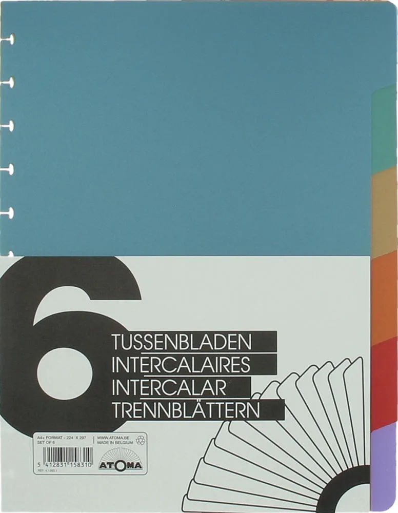 tabbladen, voor A4 schriften, uit PP, set van 6, geassorteerde kleuren by Atoma – product photo