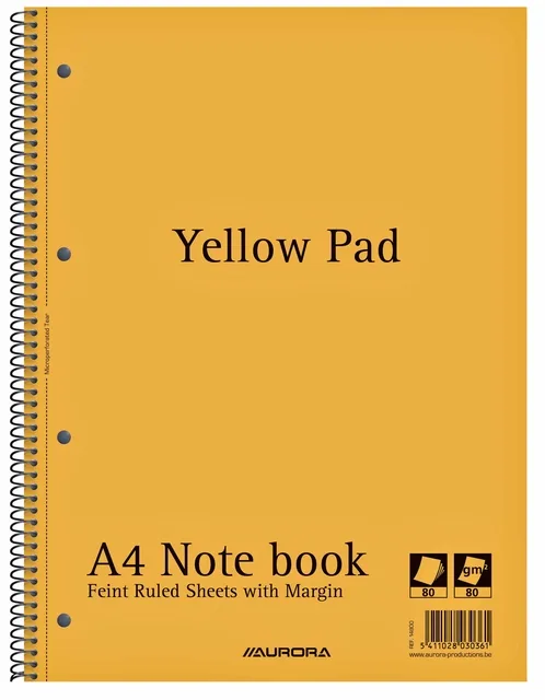 Collegeblok Aurora Yellow Pad A4 lijn 4-gaats 160 pagina's 80gr geel van Aurora – productfoto