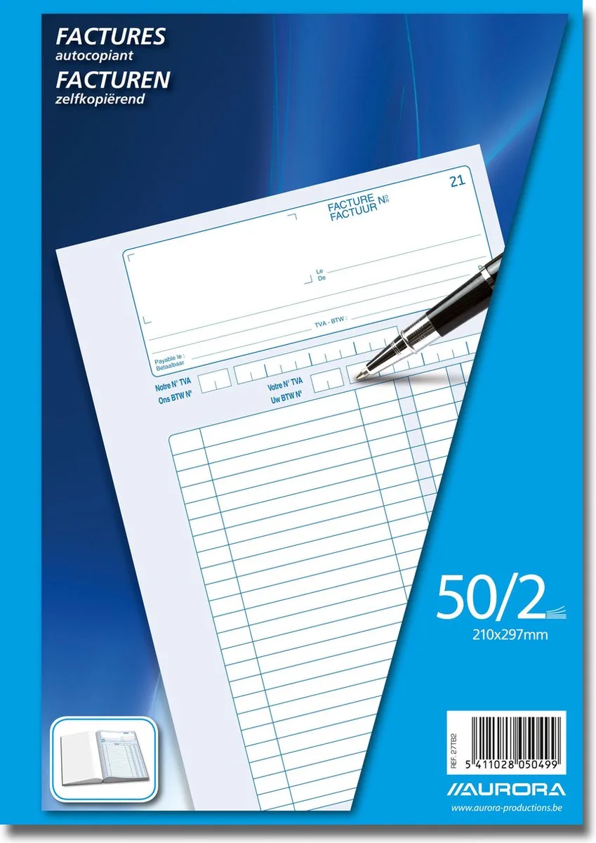 Factuur Blok/Boek A4, zelf kopiërend doorschrijfpapier, 50 x 2 vel från Aurora i Vit – produktbild