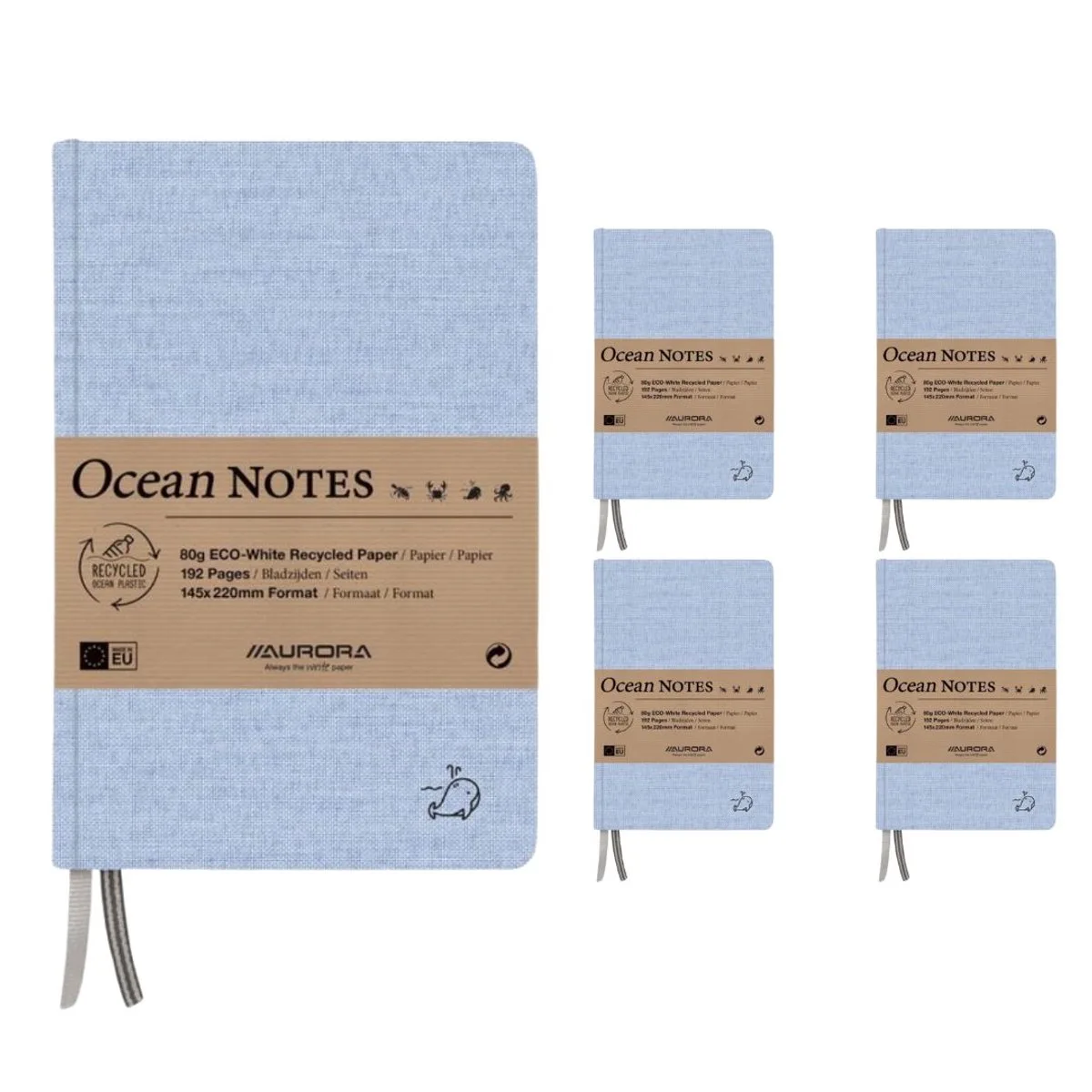Notitieboek - Ocean - Recycled Kaft - Recycled Papier - A5 - 192 Bladzijden - Gelinieerd - 80g - 4 Stuks de Aurora en Bleu – photo produit