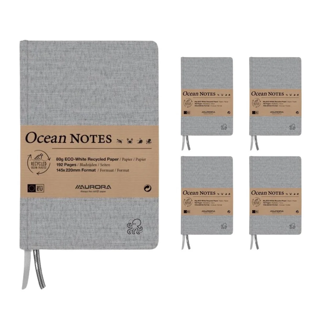 Notitieboek - Ocean - Recycled Kaft - Recycled Papier - A5 - 192 Bladzijden - Gelinieerd - 80g - 4 Stuks by Aurora in Grey – product photo