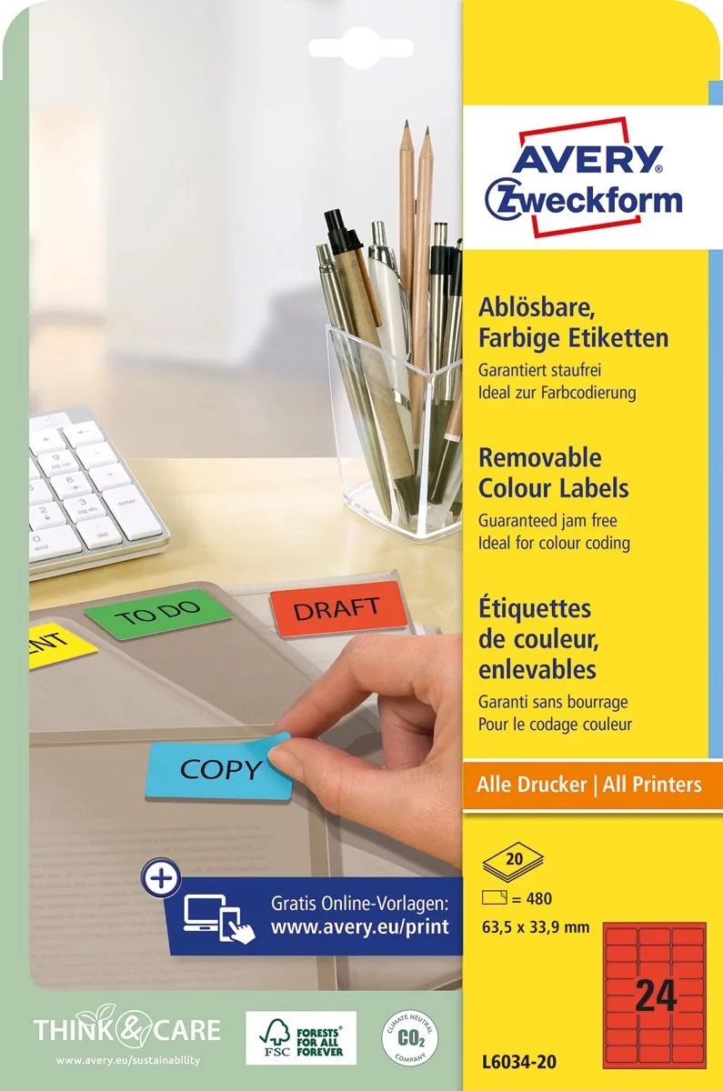 afneembare gekleurde etiketten ft 63,5 x 33,9 mm (b x h), 480 stuks, 24 per blad, rood 5 stuks de Avery en 63, 5 × 33, 9 mm – photo produit