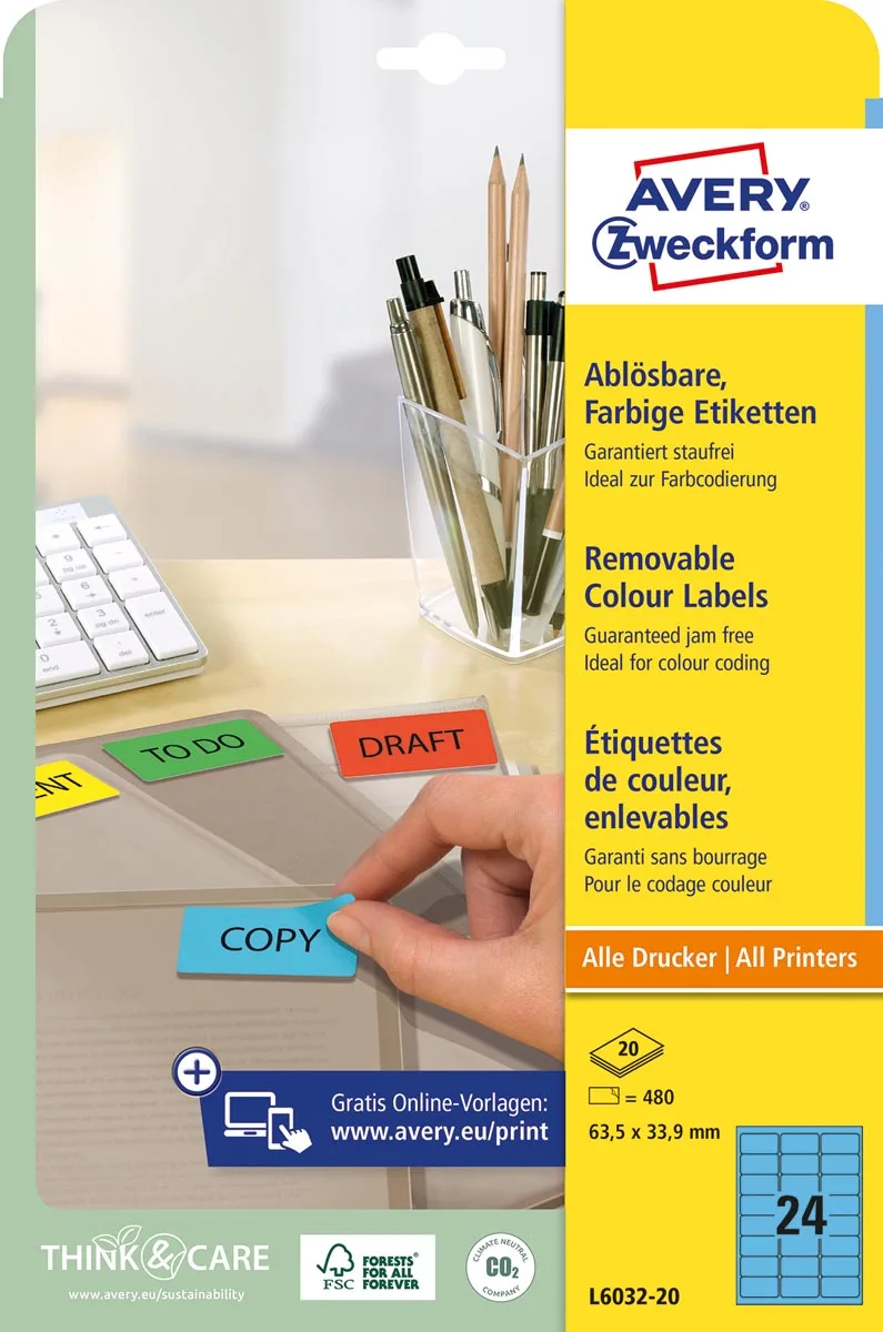 afneembare gekleurde etiketten ft 63,5 x 33,9 mm (b x h), 480 stuks, 24 per blad, blauw by Avery – product photo