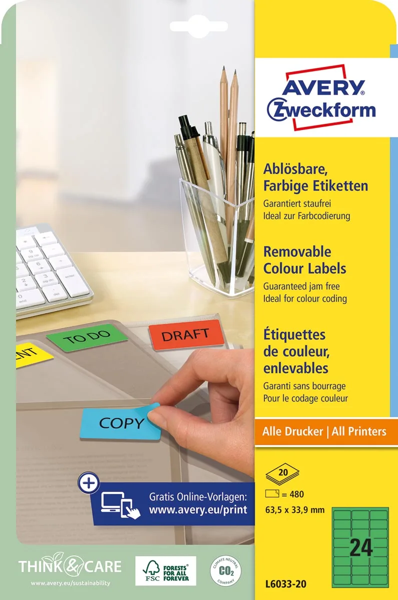 afneembare gekleurde etiketten ft 63,5 x 33,9 mm (b x h), 480 stuks, 24 per blad, groen van Avery – productfoto
