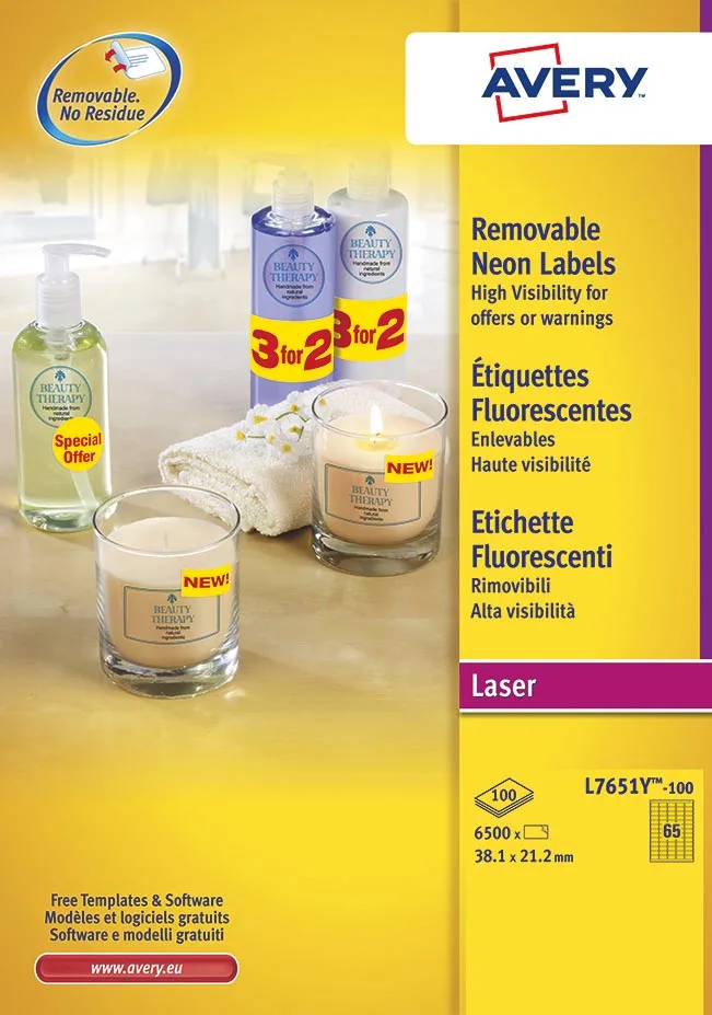 afneembare neon etiketten ft 38,1 x 21,2 mm (b x h), doos van 100 blad, 6500 stuks, neongeel by Avery – product photo