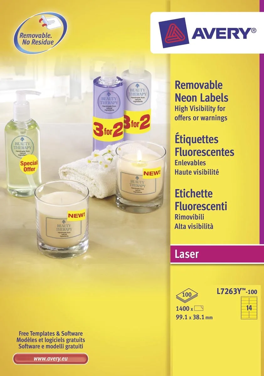 afneembare neon etiketten ft 99,1 x 38,1 mm (b x h), doos van 100 blad, 1400 stuks, neongeel 5 stuks de Avery en 99, 1 × 38, 1 mm – photo produit