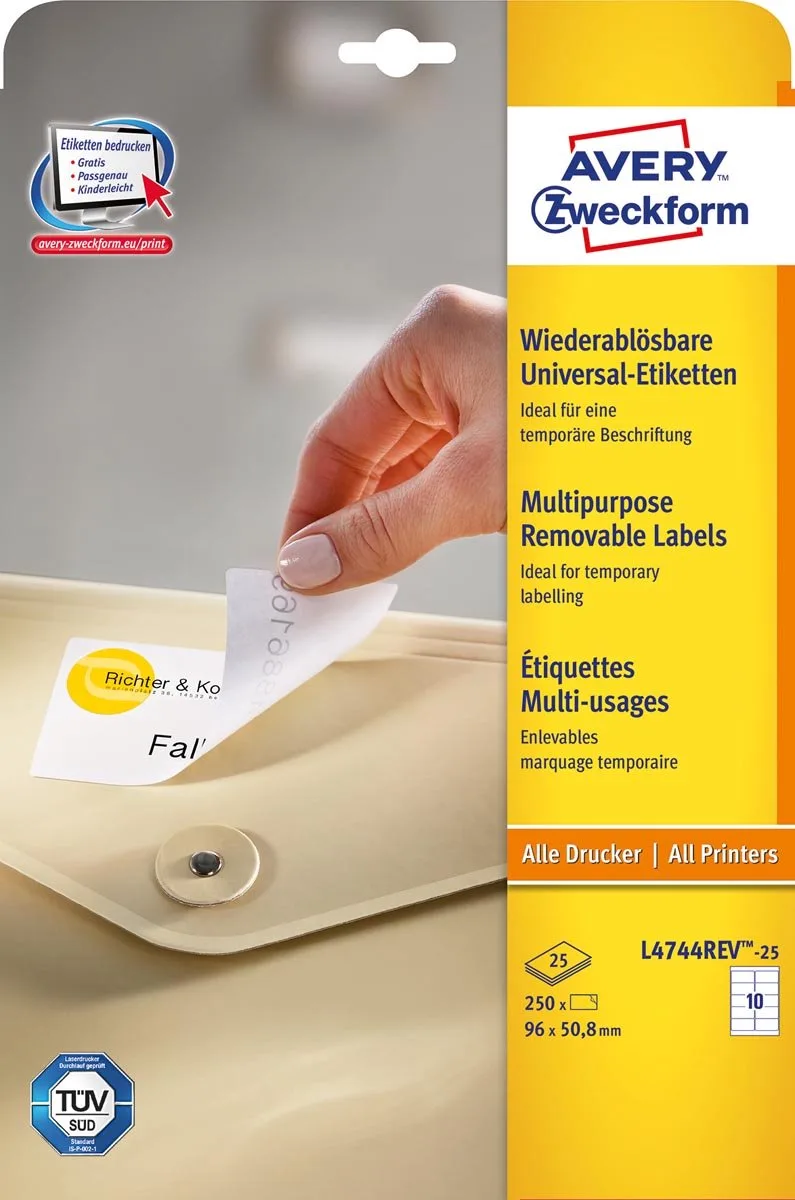 afneembare witte etiketten Stick & Lift ft 96 x 50,8 mm, 250 stuks, 10 per blad 5 stuks de Avery en Blanc – photo produit