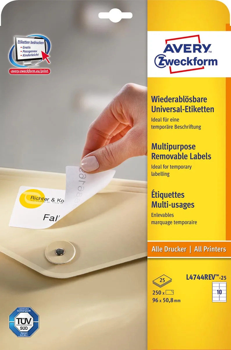 afneembare witte etiketten Stick & Lift ft 96 x 50,8 mm, 250 stuks, 10 per blad by Avery – product photo