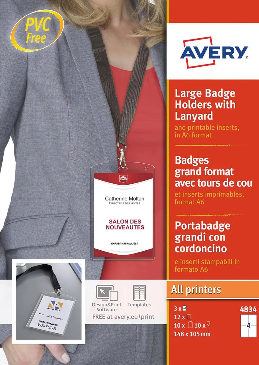 Avery 4834 Badgehouder lanyard set - A6 105 x 148 mm 12 Stuk / 3 Vellen von Avery in Transparent – Produktfoto