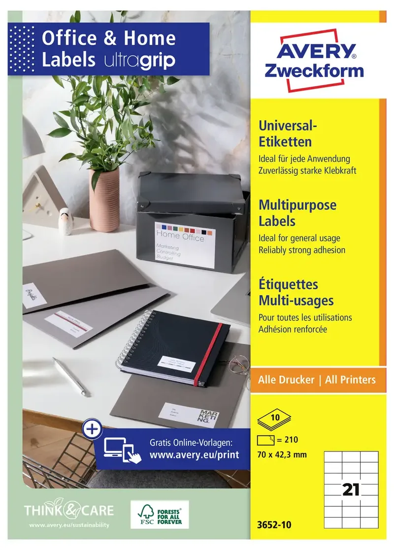 Avery-Zweckform 3652-10 Universal-Etiketten 70 x 42.3 mm Papier Weiß 210 St. Permanent haftend Tintenstrahldrucker, Laserdrucker, Farblaserdrucker, Kopierer von Avery – Produktfoto