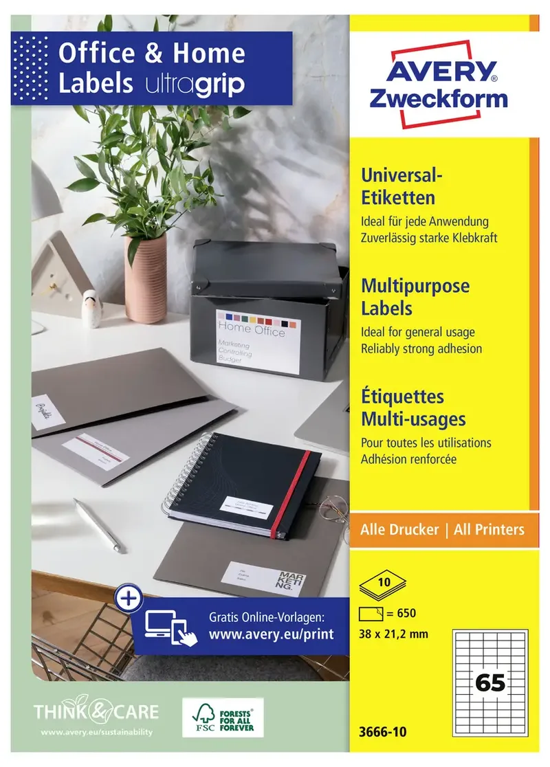 Avery-Zweckform 3666-10 Universal-Etiketten 38 x 21.2 mm Papier Weiß 650 St. Permanent haftend Tintenstrahldrucker, Laserdrucker, Farblaserdrucker, Kopierer von Avery – Produktfoto