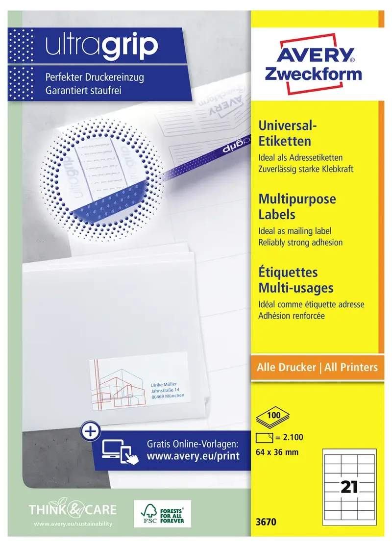 Avery-Zweckform 3670 Universal-Etiketten 64 x 36 mm Papier Weiß 2100 St. Permanent haftend Laserdrucker, Farblaserdrucker de Avery – photo produit