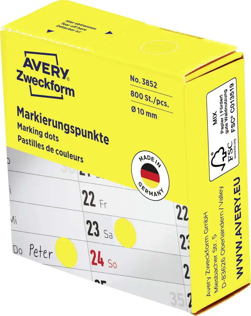 Avery-Zweckform 3852 Markierungspunkte Etiketten Ø 10 mm Gelb 800 St. Permanent haftend Papier von Avery – Produktfoto