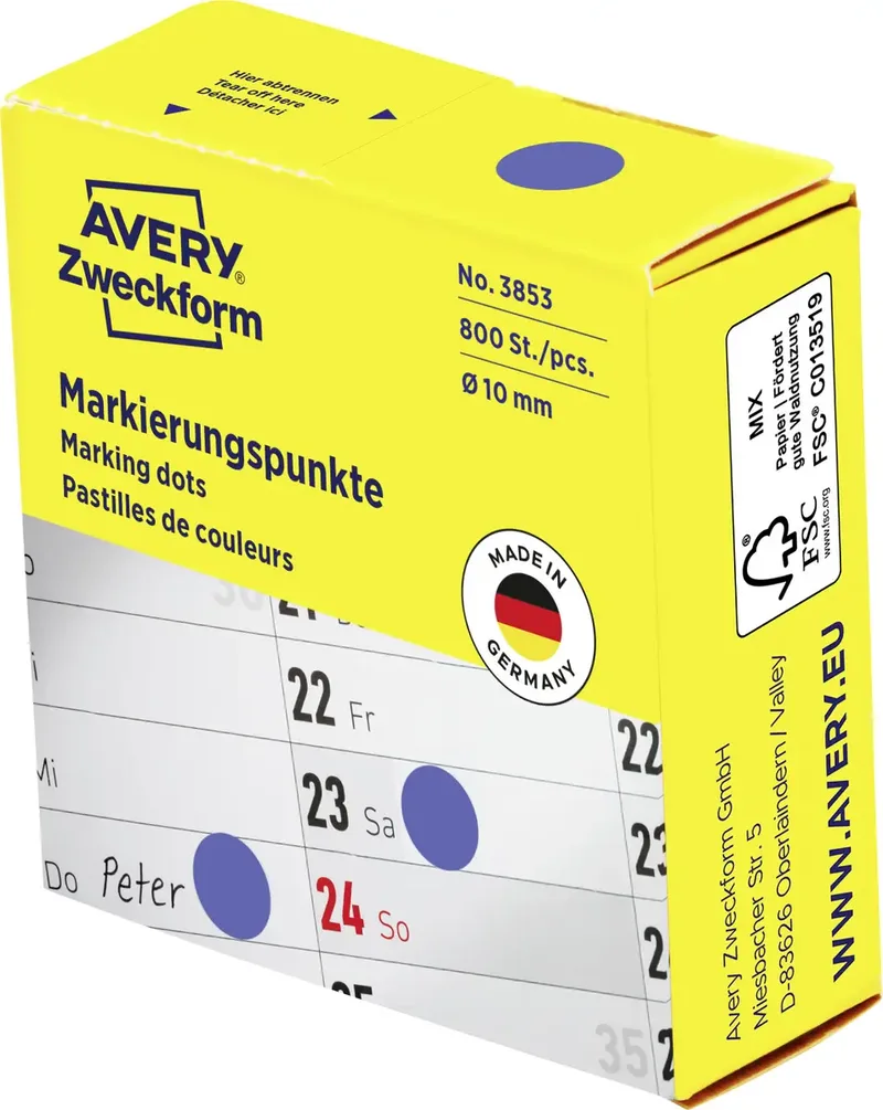 Avery-Zweckform 3853 Markierungspunkte Etiketten Ø 10 mm Blau 800 St. Permanent haftend Papier de Avery – photo produit