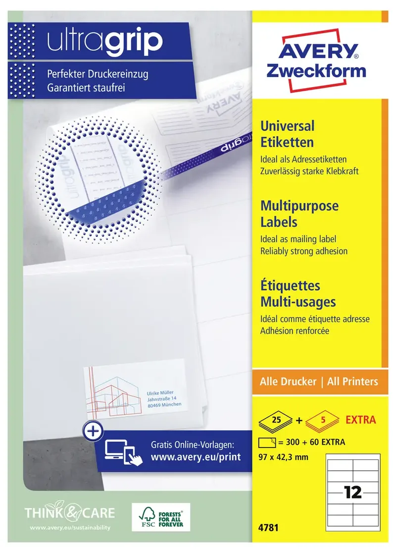 Avery-Zweckform 4781 Universal-Etiketten 97 x 42.3 mm Papier Weiß 360 St. Permanent haftend Tintenstrahldrucker, Laserdrucker, Farblaserdrucker, Kopierer by Avery – product photo