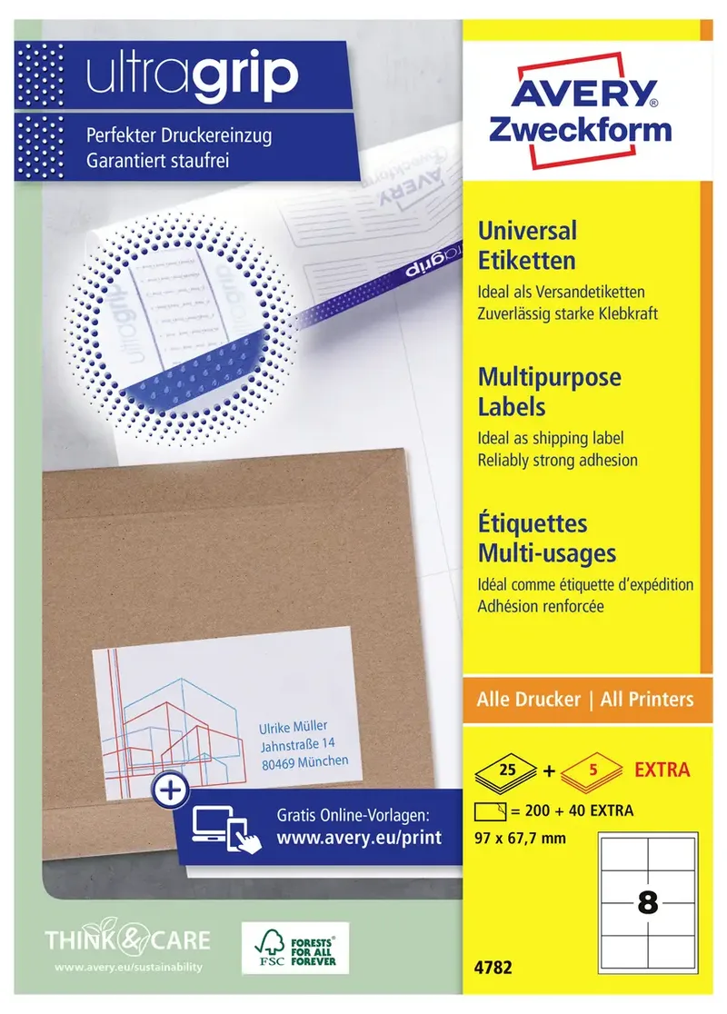 Avery-Zweckform 4782 Universal-Etiketten 97 x 67.7 mm Papier Weiß 240 St. Permanent haftend Tintenstrahldrucker, Laserdrucker, Farblaserdrucker, Kopierer by Avery – product photo