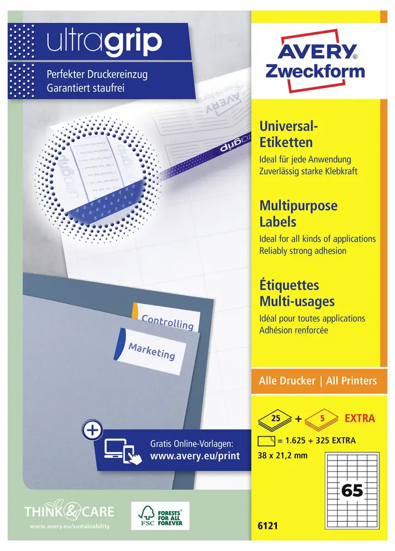 Avery-Zweckform 6121 Universal-Etiketten 38 x 21.2 mm Papier Weiß 1950 St. Permanent haftend Tintenstrahldrucker, Laserdrucker, Farblaserdrucker, Kopierer de Avery – photo produit