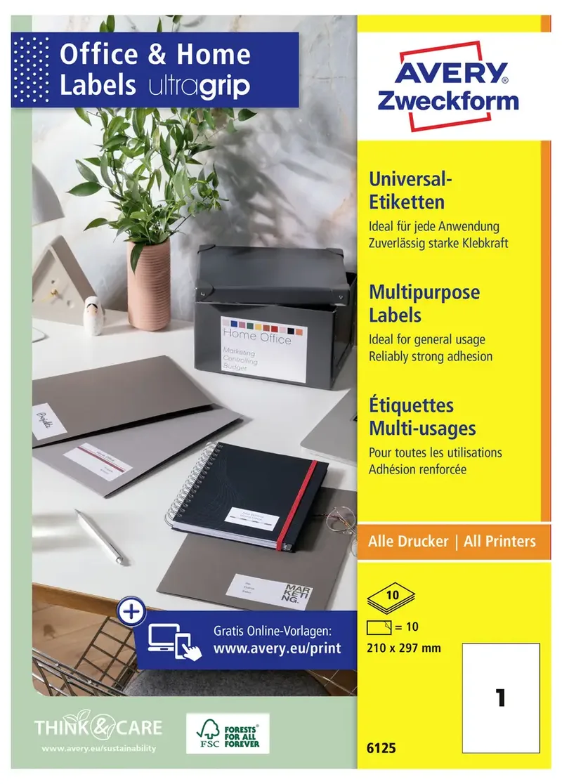 Avery-Zweckform 6125 Universal-Etiketten 210 x 297 mm Papier Weiß 10 St. Permanent haftend Tintenstrahldrucker, Laserdrucker, Farblaserdrucker, Kopierer von Avery – Produktfoto