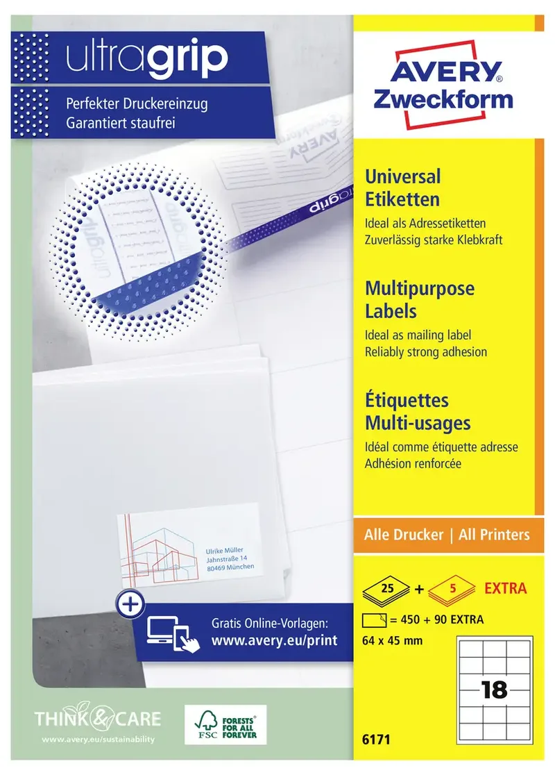 Avery-Zweckform 6171 Universal-Etiketten 64 x 45 mm Papier Weiß 540 St. Permanent haftend Tintenstrahldrucker, Laserdrucker, Farblaserdrucker, Kopierer by Avery – product photo