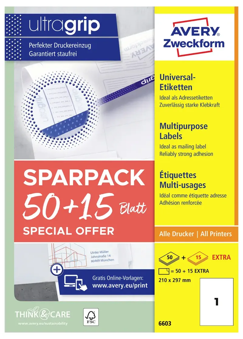 Avery-Zweckform 6603 Universal-Etiketten 210 x 297 mm Papier Weiß 65 St. Permanent haftend Farblaserdrucker, Laserdrucker by Avery – product photo