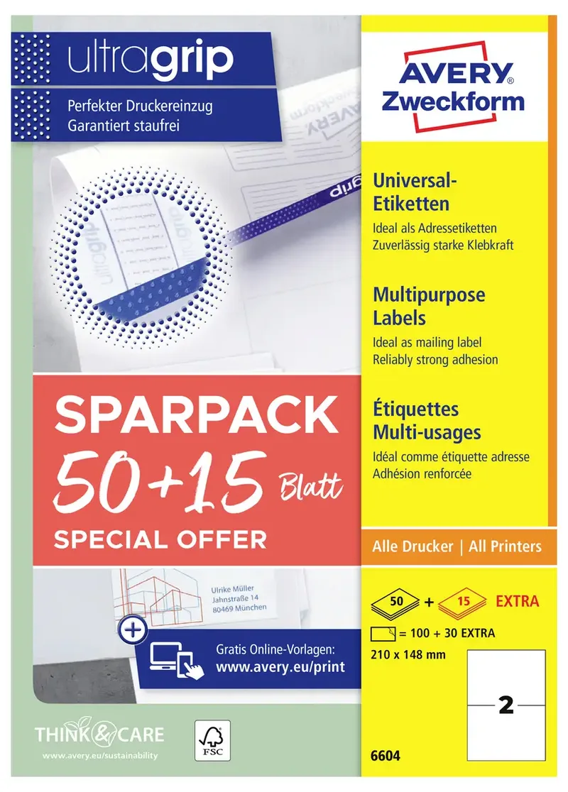 Avery-Zweckform 6604 Universal-Etiketten 210 x 148 mm Papier Weiß 130 St. Permanent haftend Farblaserdrucker, Laserdrucker de Avery – photo produit