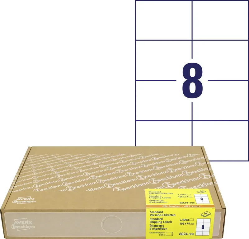 Avery-Zweckform 8024-300 Versand-Etiketten 105 x 74 mm Papier Weiß 2400 St. Permanent (Kraftkleber) Laserdrucker, Tintenstrahldrucker von Avery – Produktfoto