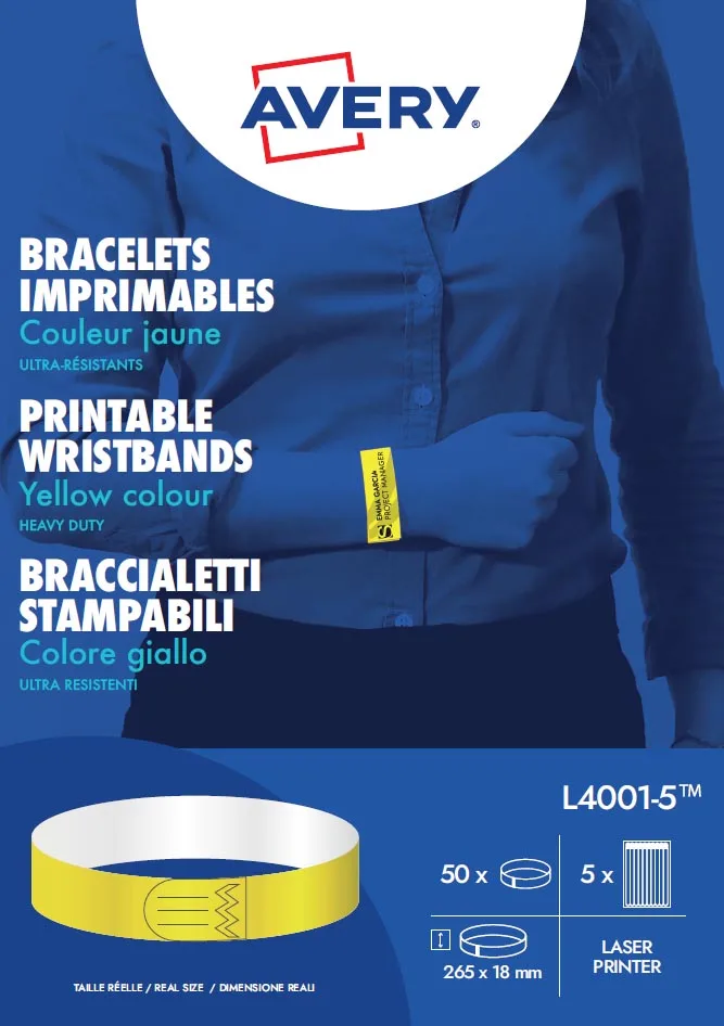 bedrukbare polsbandjes, ft 18 x 265 mm, geel, pak van 50 etiketten van Avery – productfoto