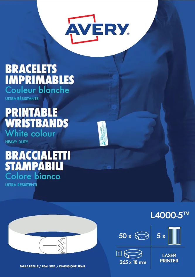 bedrukbare polsbandjes, ft 18 x 265 mm, wit, pak van 50 etiketten van Avery – productfoto