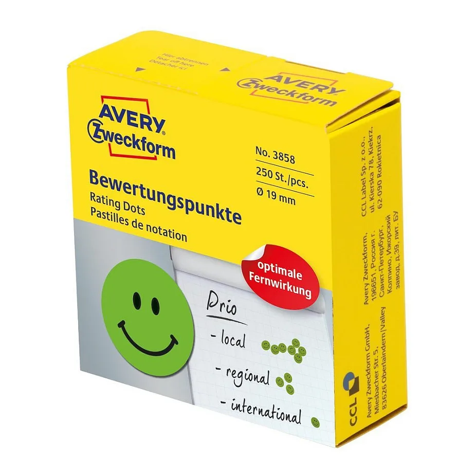 Bewertungspunkte 3858 Gesicht, grün, 250 Etiketten fra Avery – produktbillede