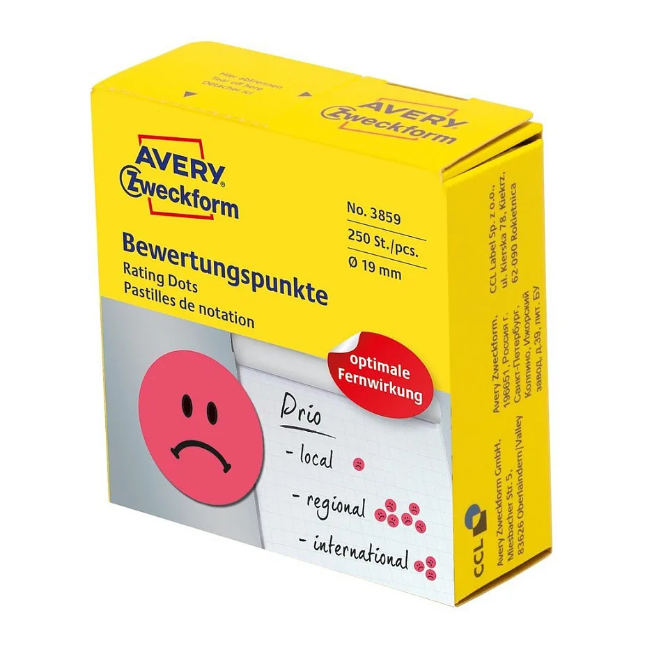 Bewertungspunkte 3859 Gesicht, rot, 250 Etiketten fra Avery – produktbillede